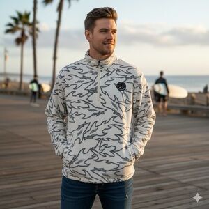 Men’s Fleece Sweater 1/4 Zip Pullover Sharks Pattern Off-white/black Size LARGE